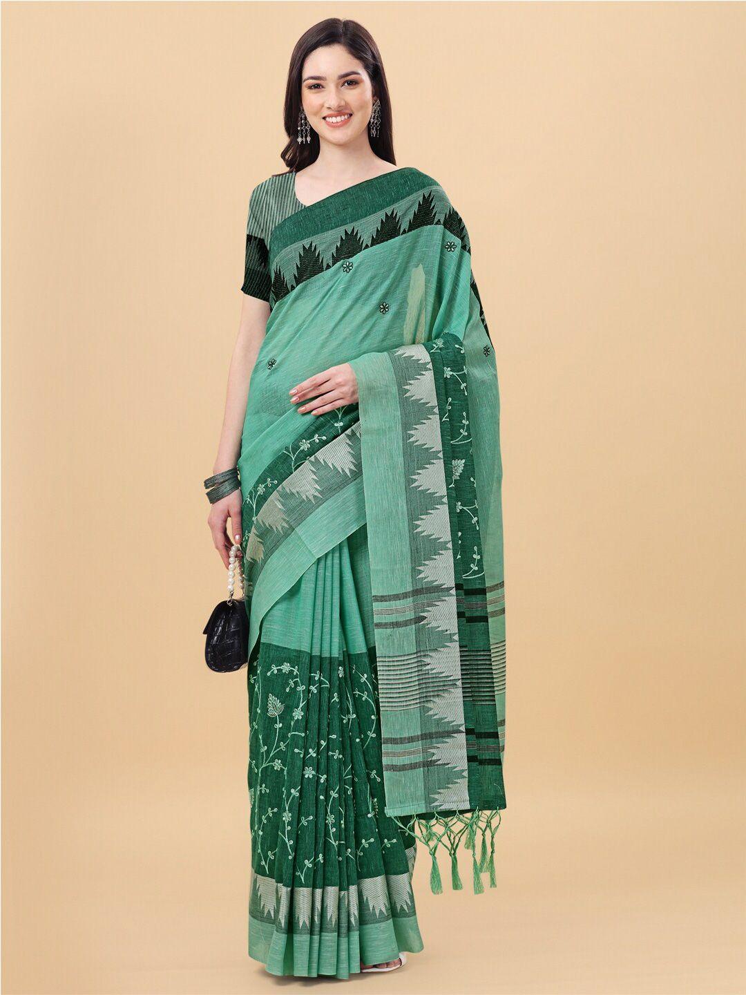 mitera green & grey floral embroidered pure linen saree