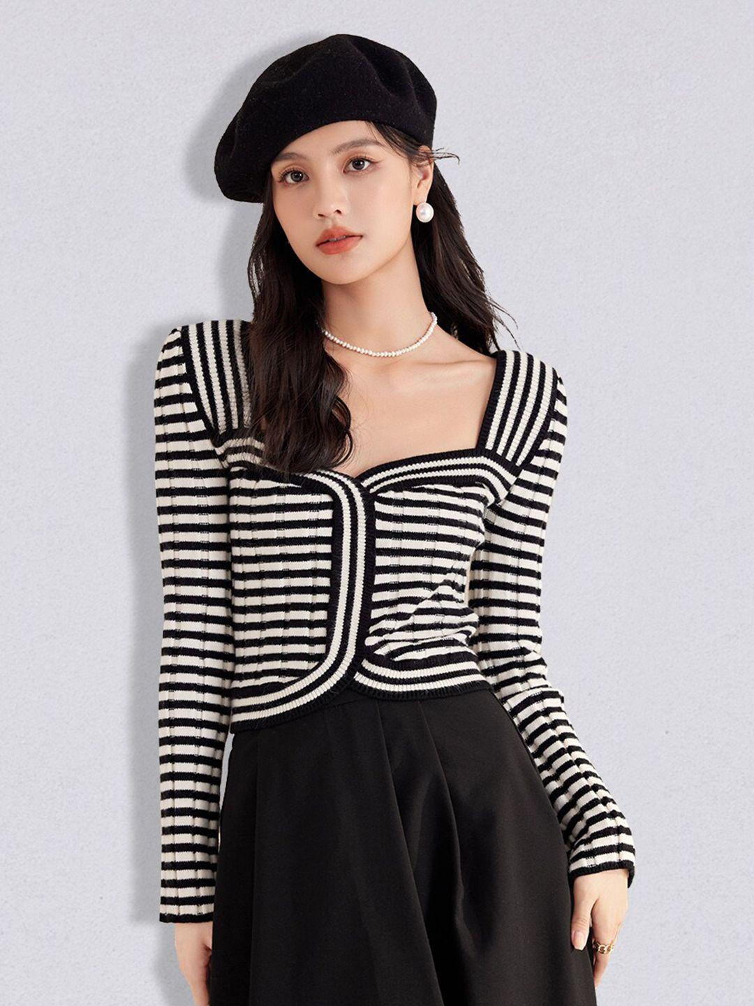 jc collection women black & white striped crop pullover