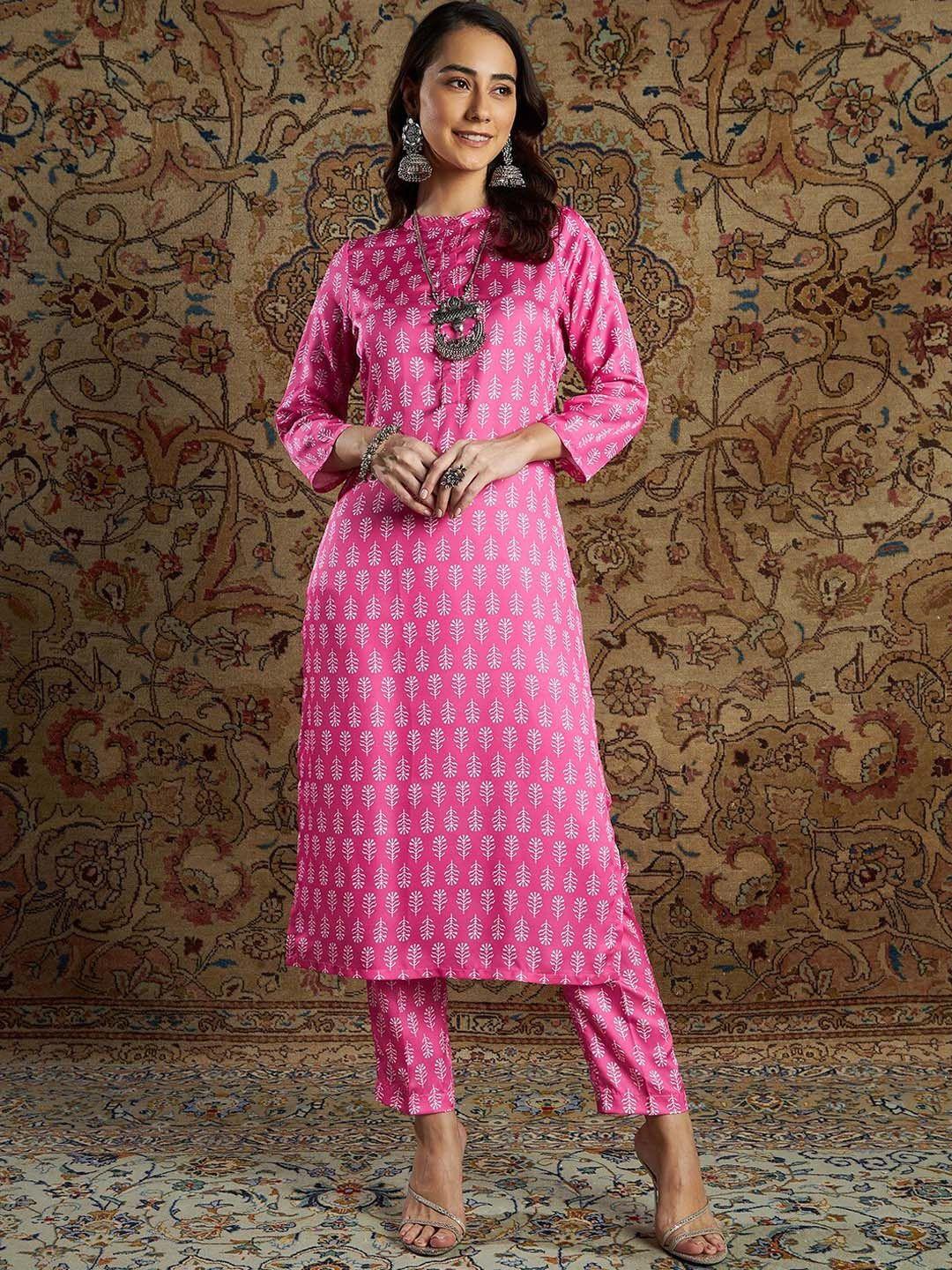 shae by sassafras women pink floral printed thread work indie prints satin kurta