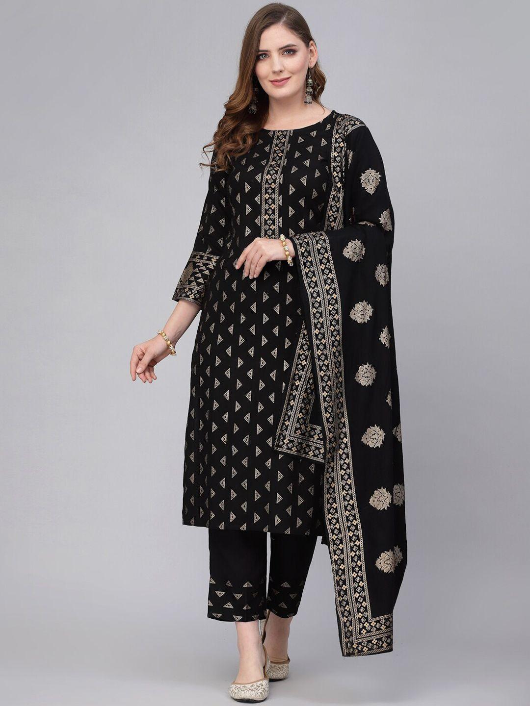 jaipuri bunaai women black printed kurta with trousers & with dupatta