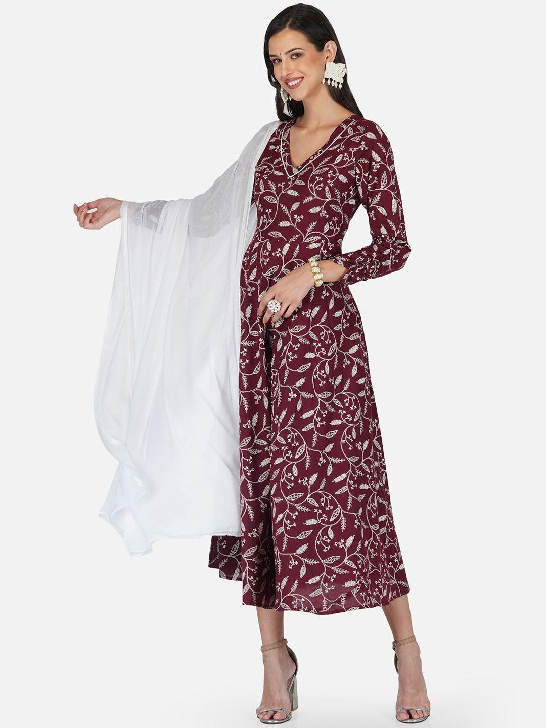 metro-fashion women maroon & beige floral printed floral cotton kurta with dupatta