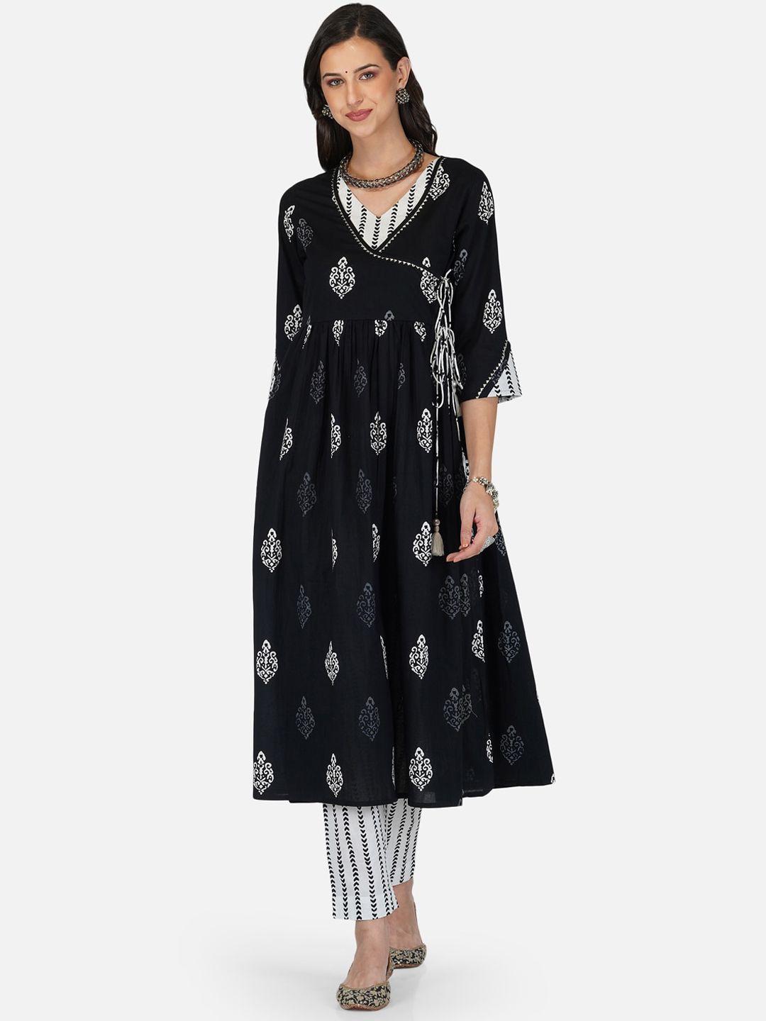 metro-fashion women black floral printed angrakha gotta patti pure cotton kurta with trousers & with dupatta