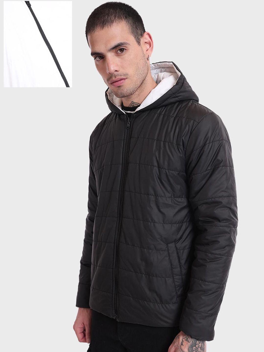 bewakoof men white & black solid reversible padded jacket