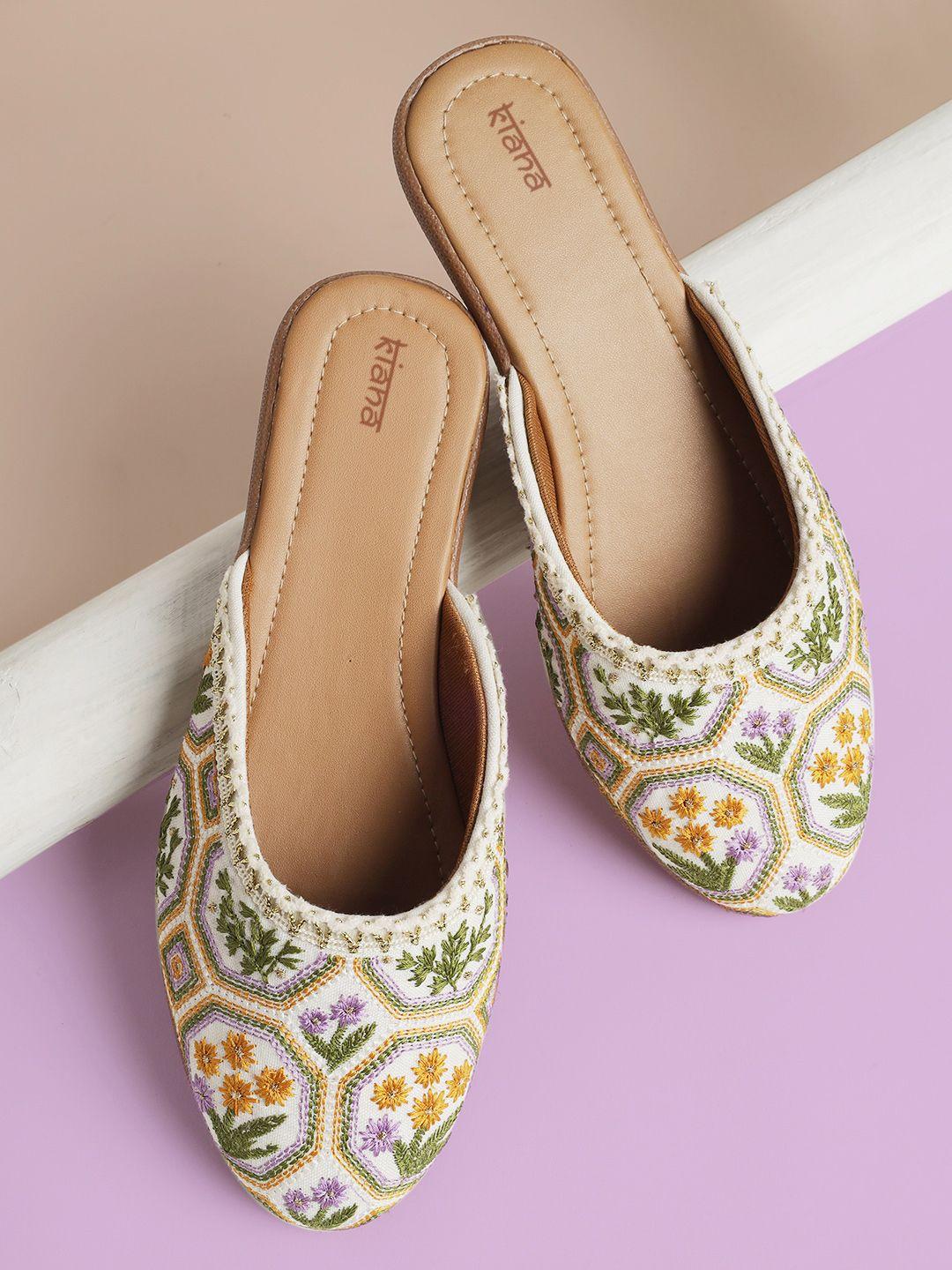 kiana women off white & green embroidered ethnic ballerinas flats