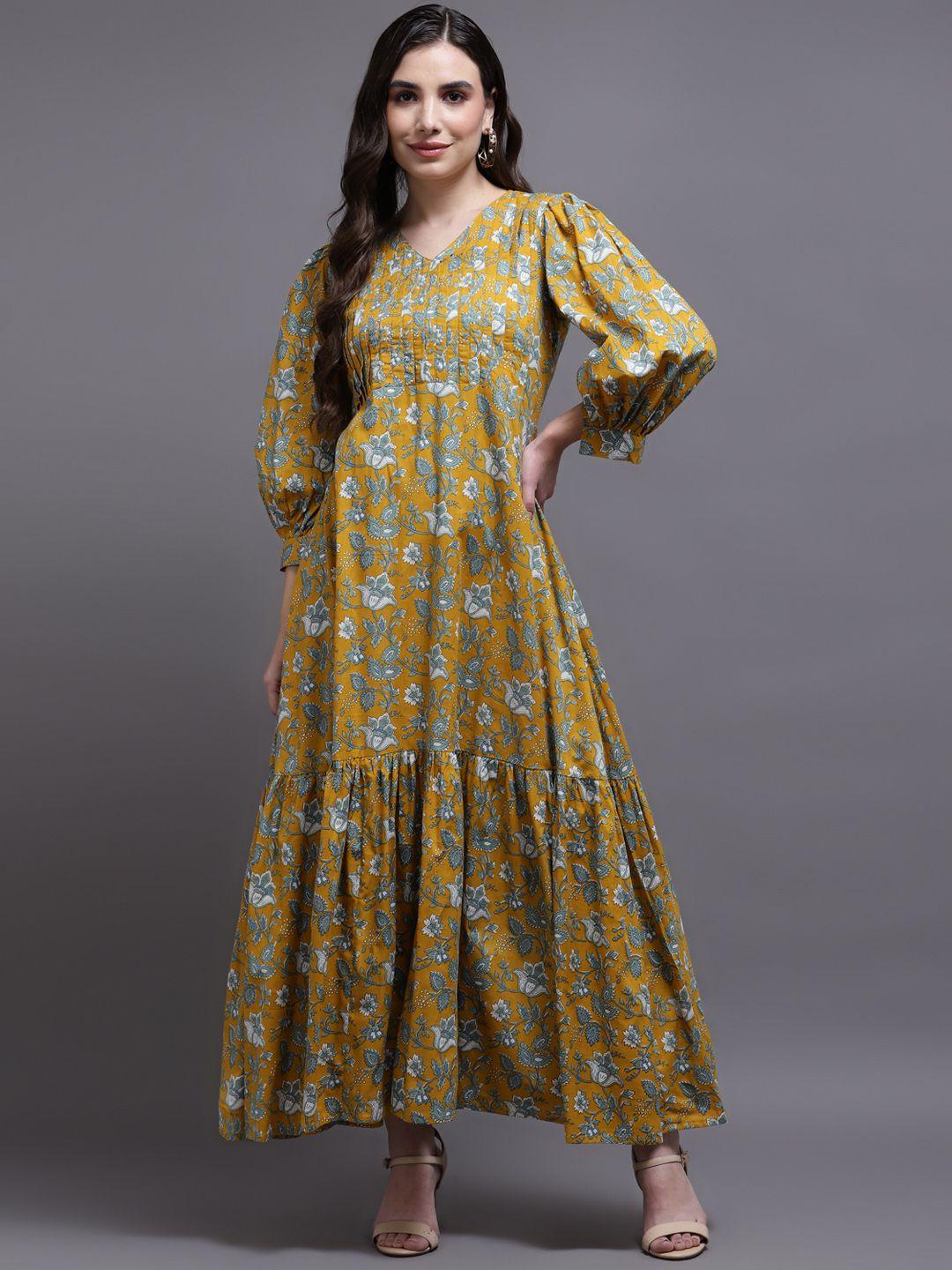 kalini women mustard yellow floral v-neck maxi dress