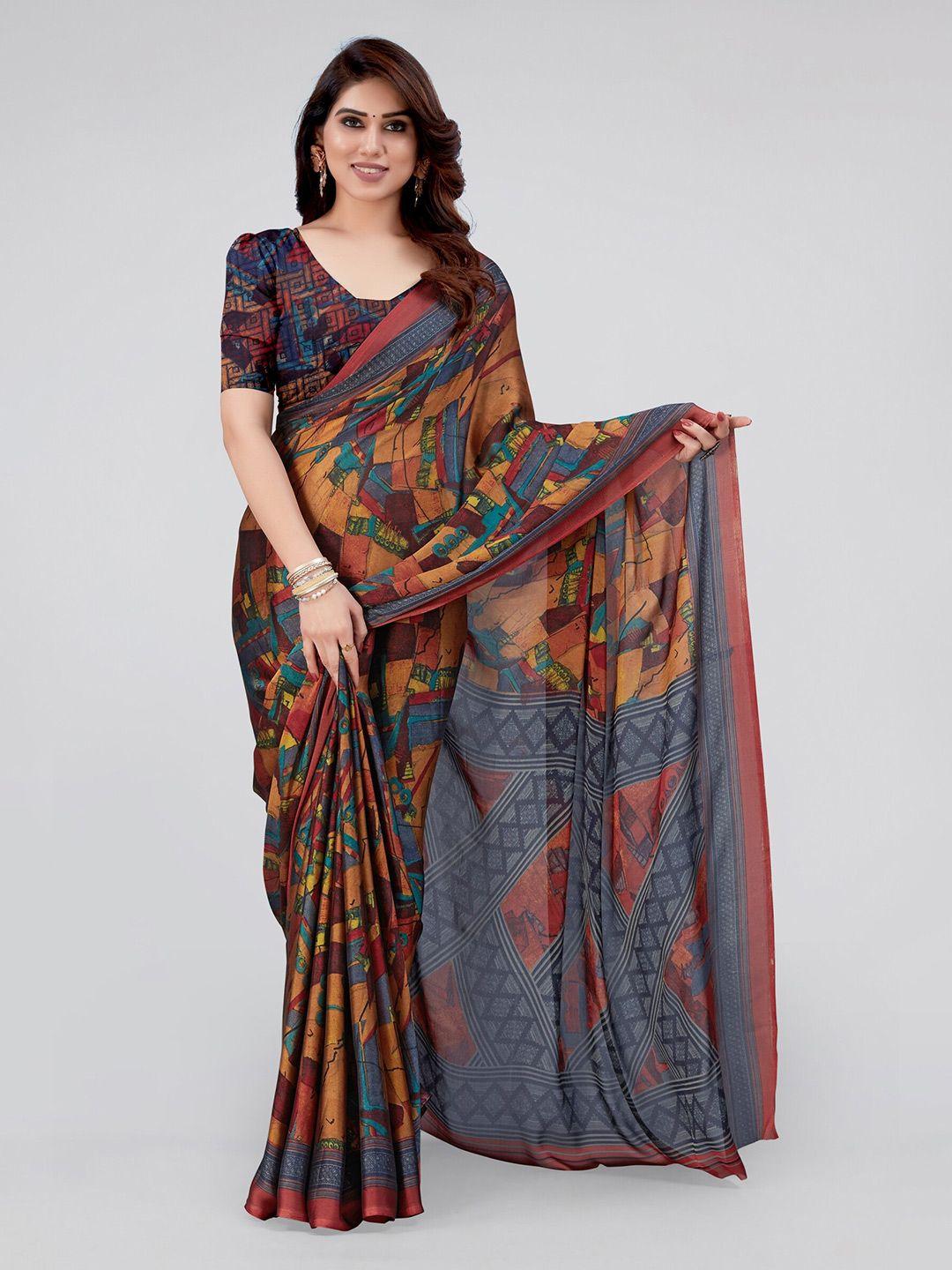 mirchi fashion orange & mustard abstract printed saree