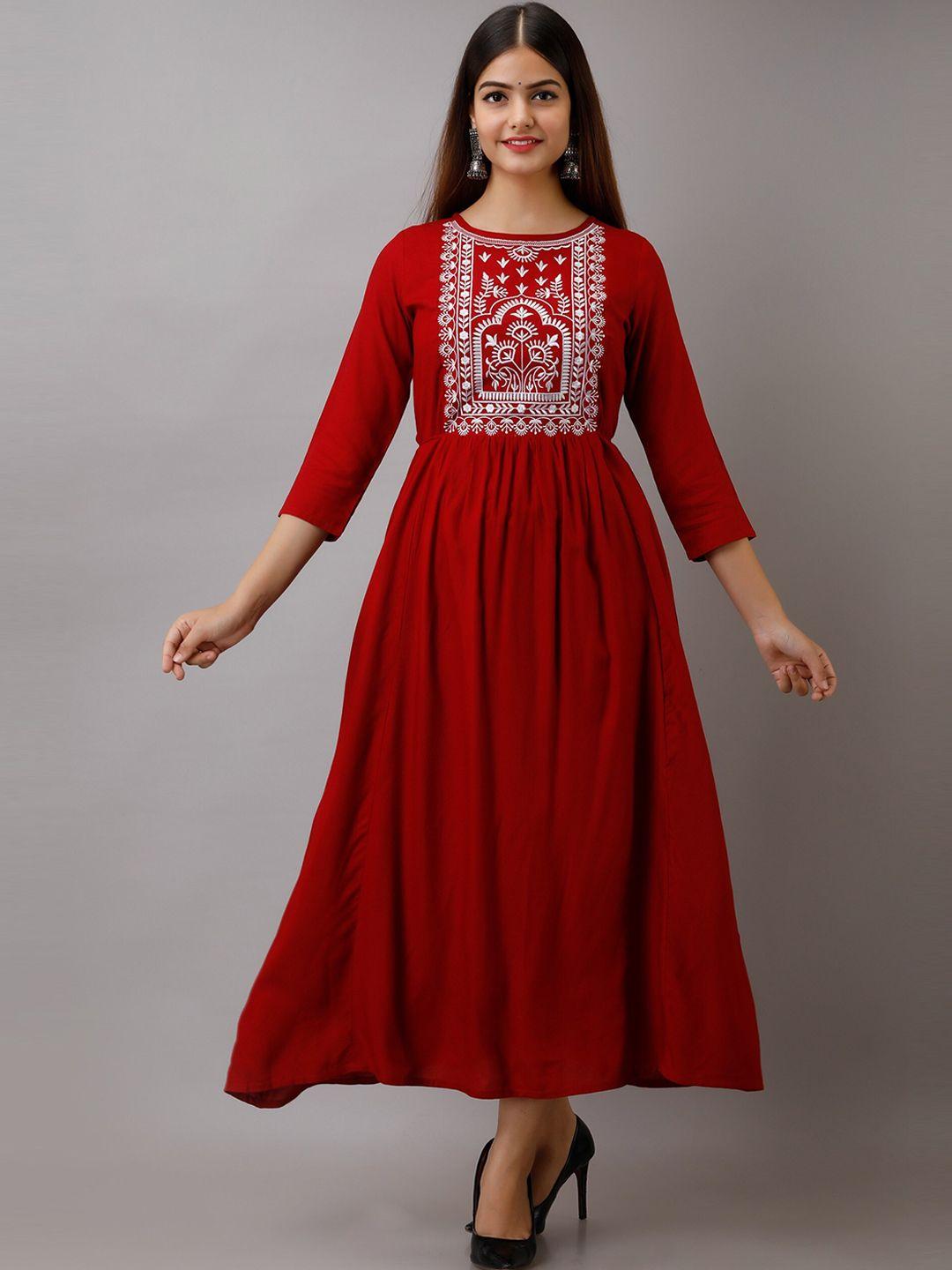 women touch maroon solid embroided ethnic maxi dress