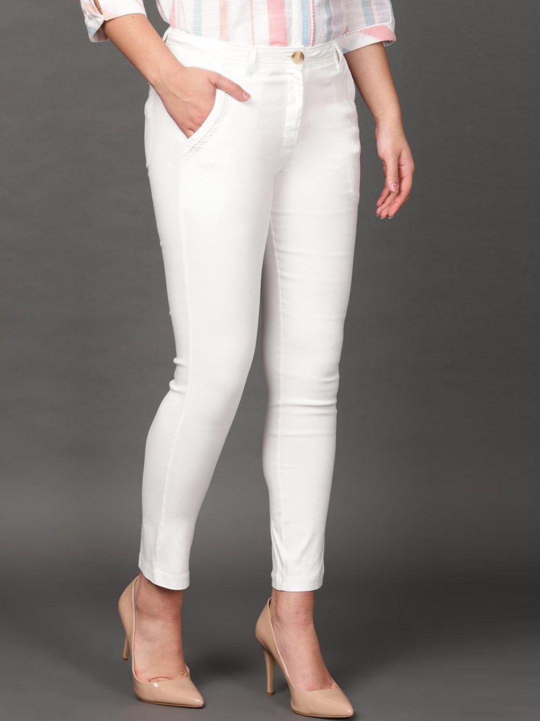 lakshita women white comfort skinny fit corduroy trousers