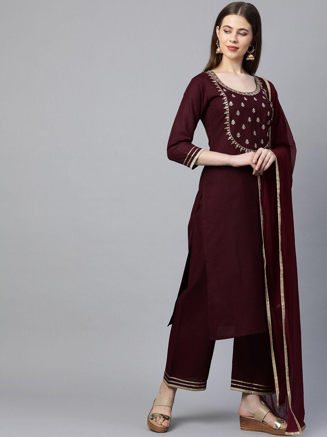 kalini women maroon floral embroidered gotta patti kurta with palazzos & with dupatta