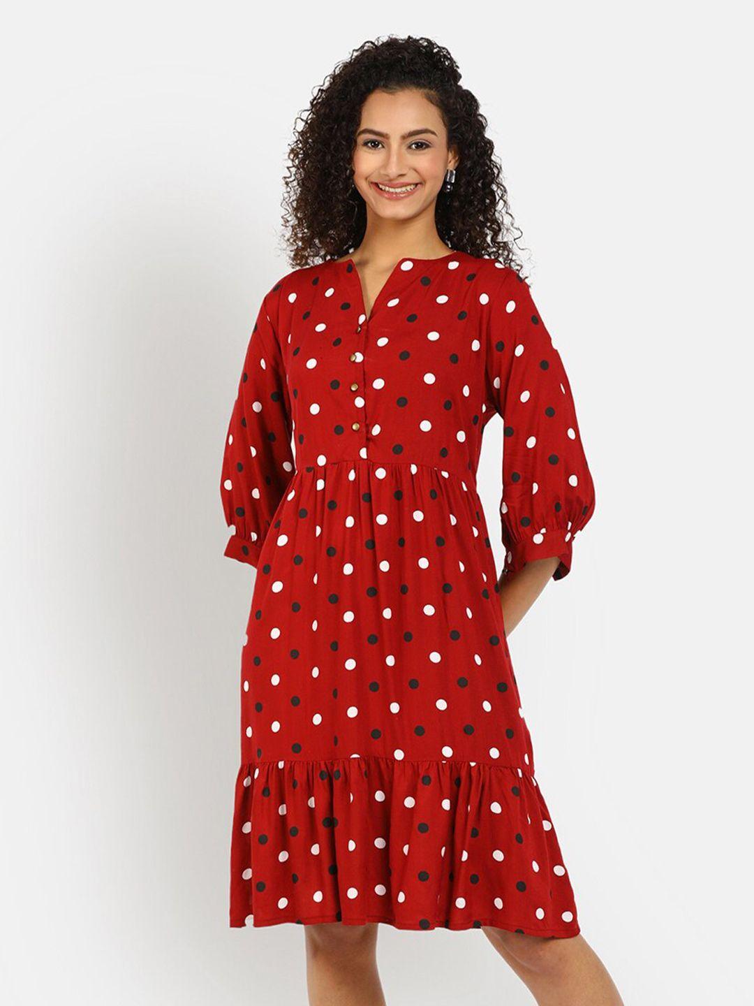 v-mart maroon polka dots printed fit and flare cotton dress