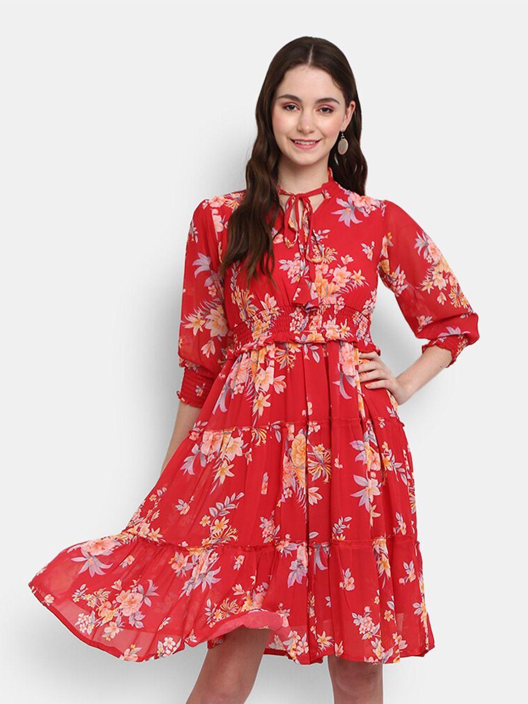 v-mart red floral printed fit and flare cotton dress