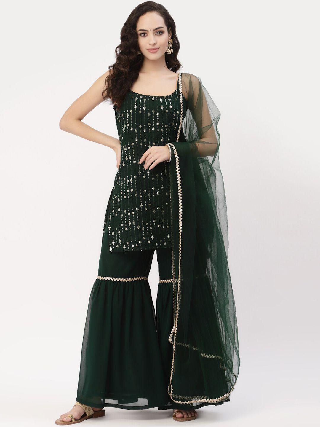 studio rasa women green ethnic motifs embroidered sequinned kurti with sharara & dupatta