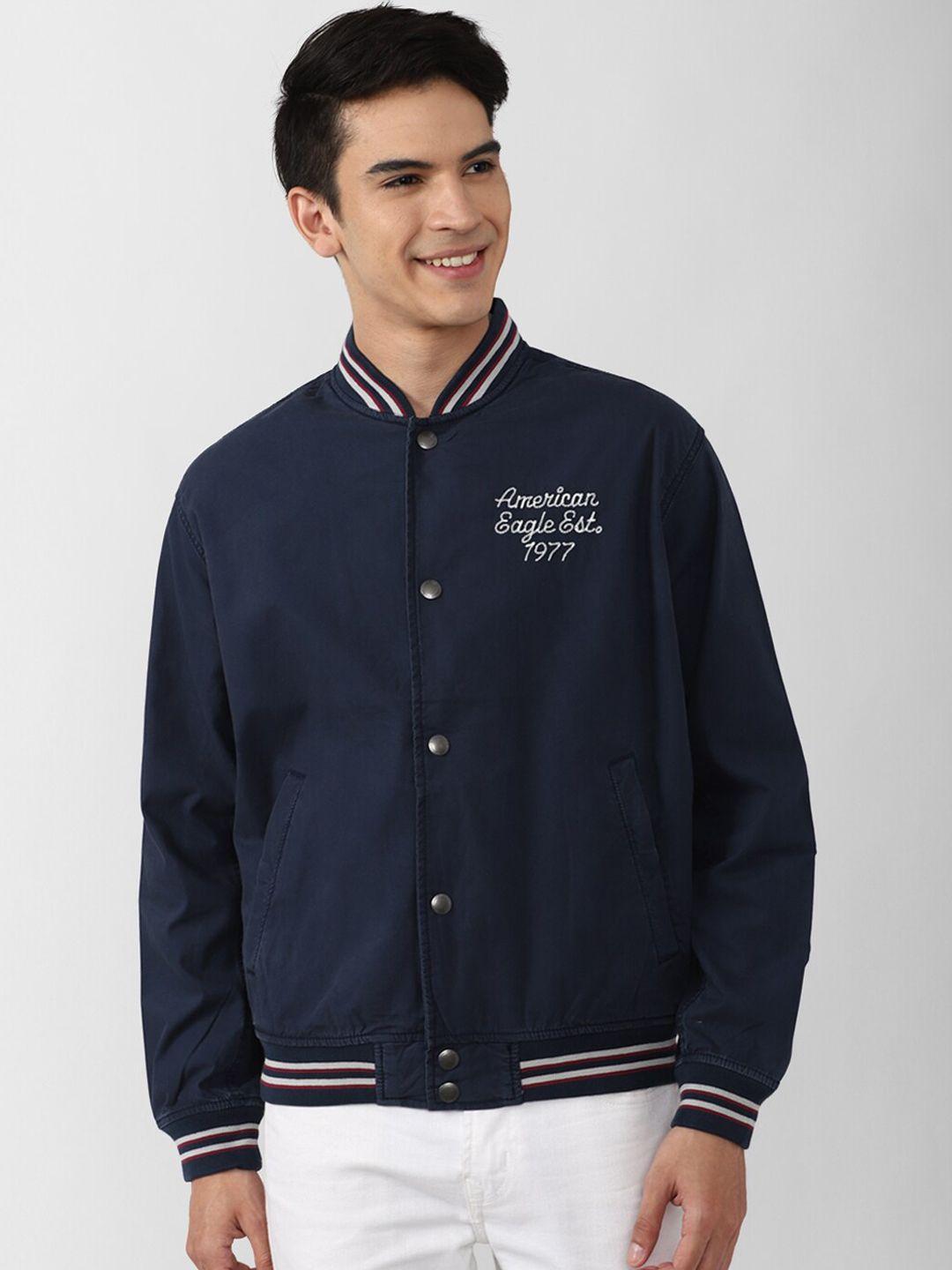 american eagle outfitters men blue cotton typography varsity jacket with embroidered