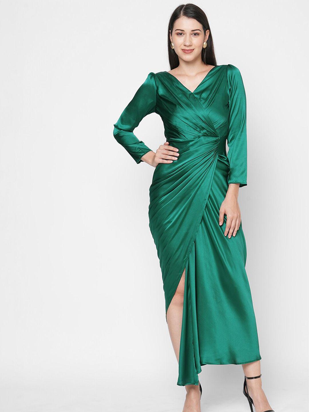 mish women green solid maxi wrap dress