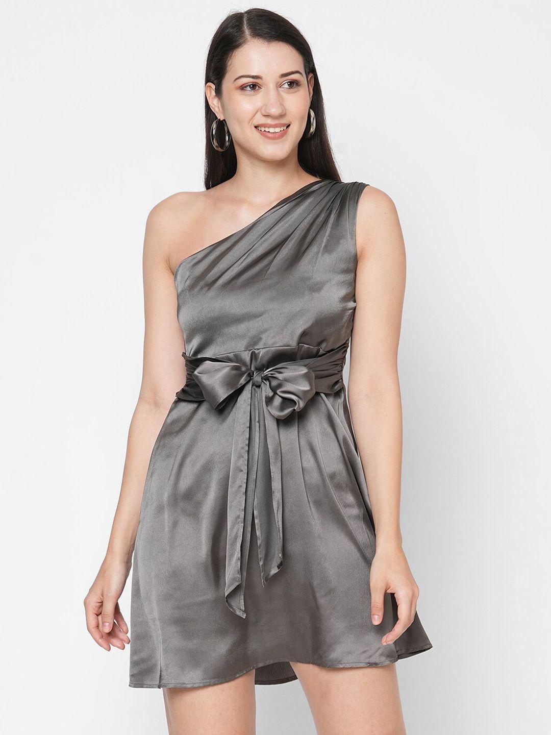 mish women charcoal solid one shoulder fit & flare dress