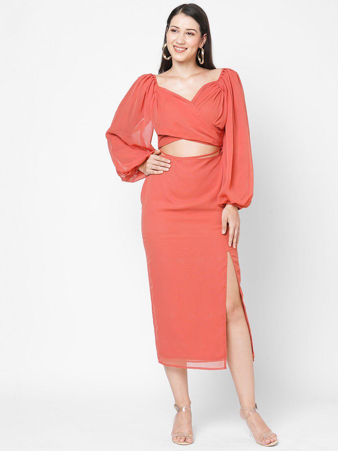 mish rust georgette sheath midi dress