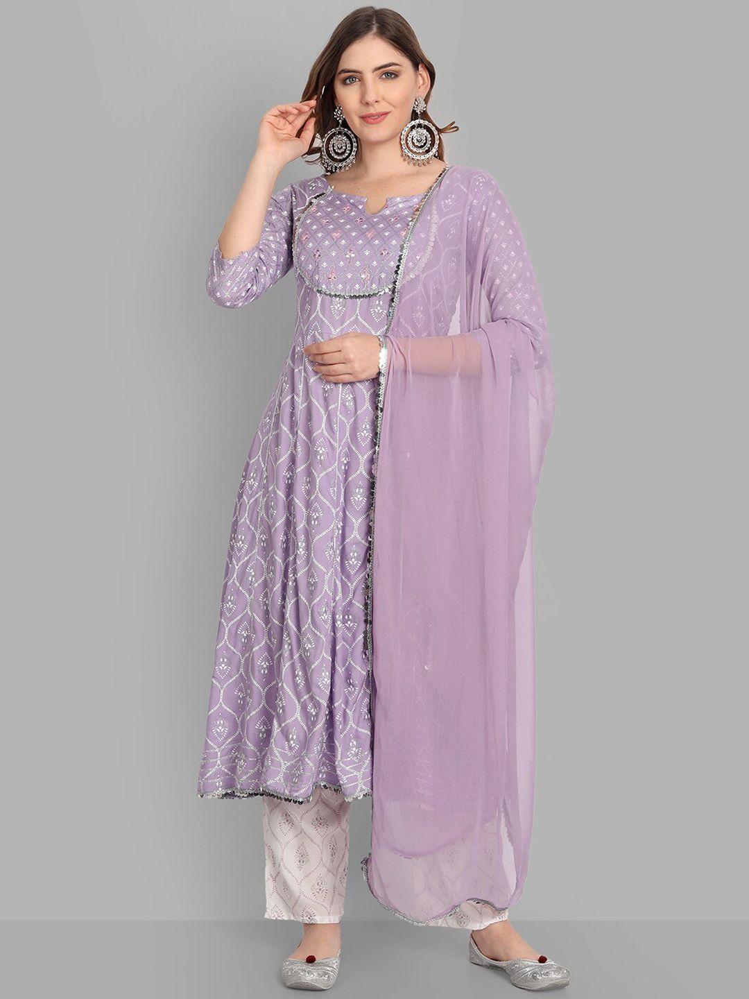 singni women purple ethnic motifs embroidered mirror work kurta with trousers & dupatta