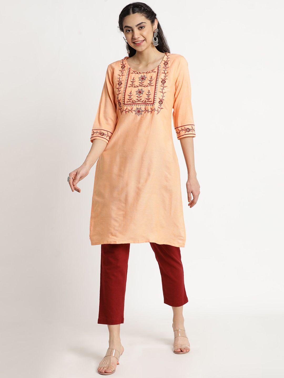 flavido women orange floral yoke design kurta