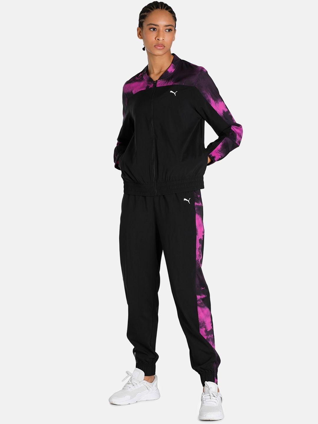 puma women black & purple favourite printed training tracksuit