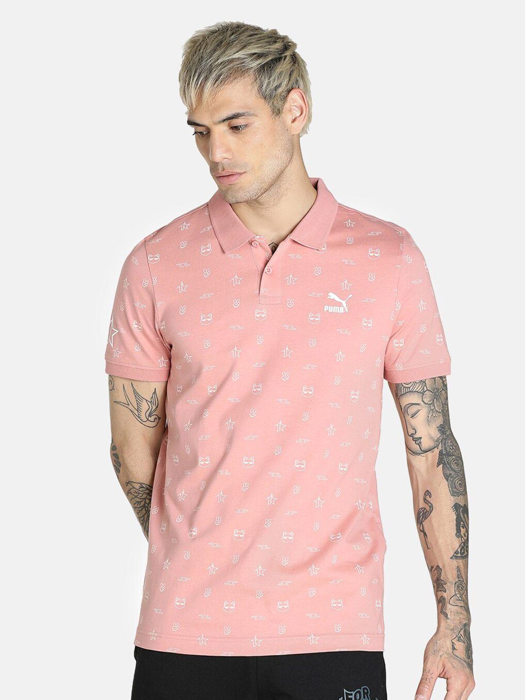 puma men pink & white puma x 1der kl rahul aop polo cotton printed t-shirt