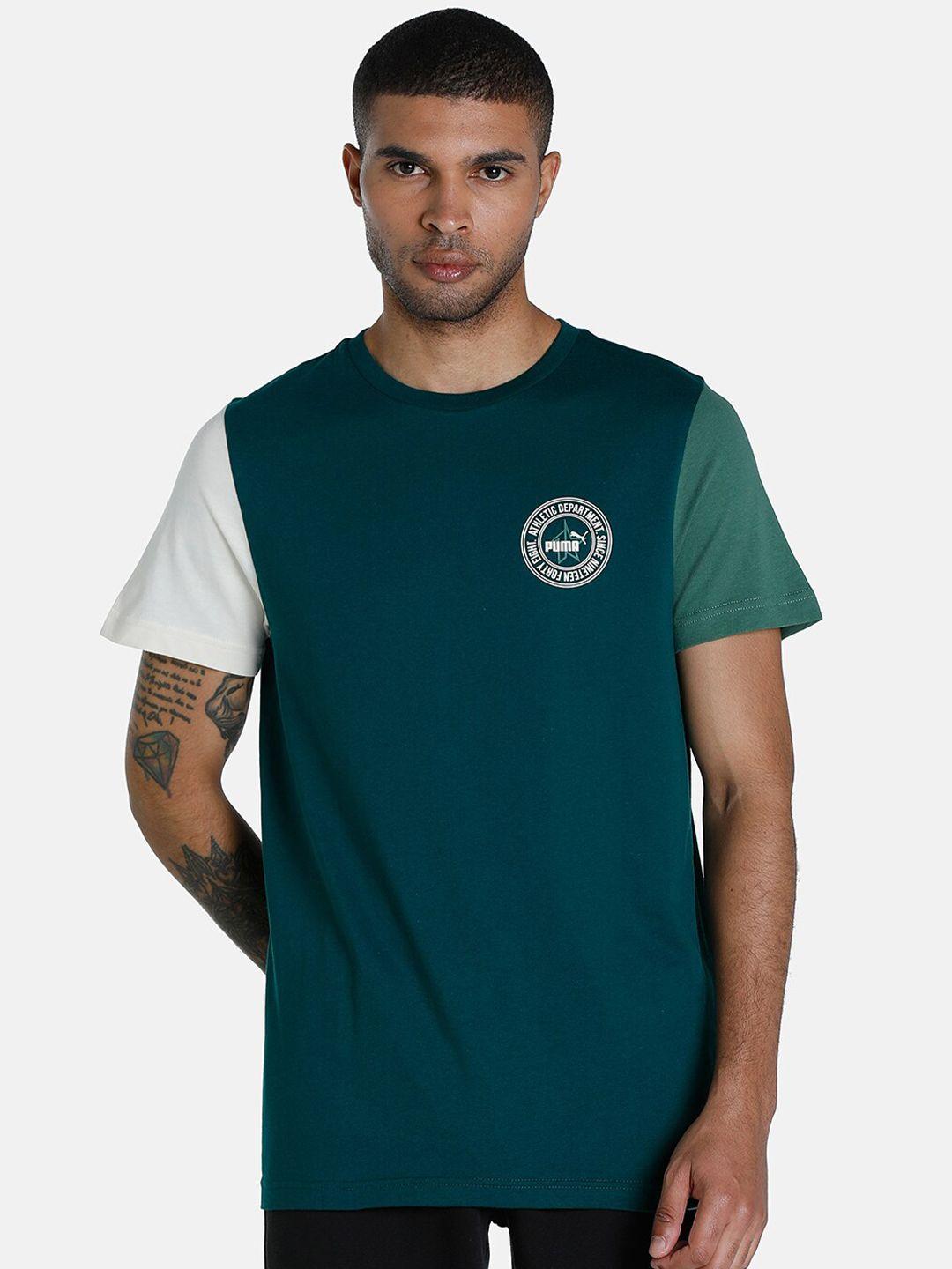 puma men green & white 1der kl rahul varsity cotton colourblocked t-shirt