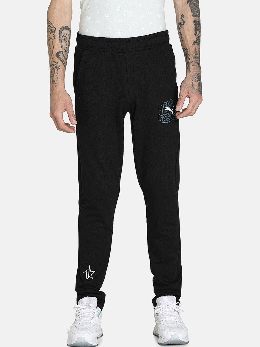 puma men black solid cotton slim-fit track pants