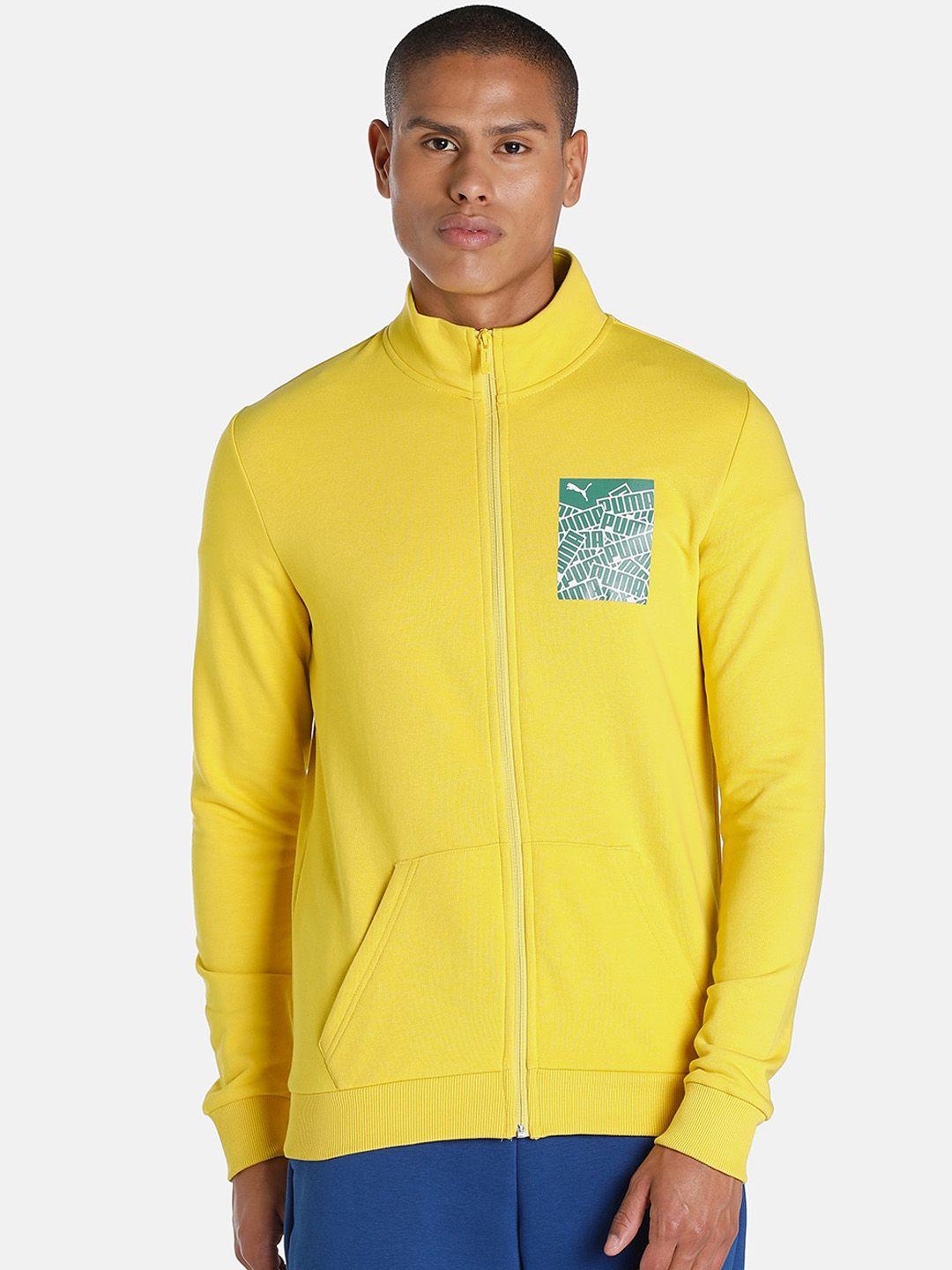 puma men yellow graphic logo outdoor sporty jacket with patchwork