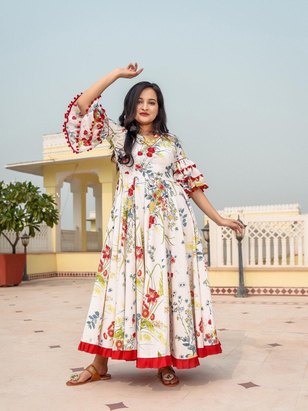 indian virasat women white floral maxi cotton dress