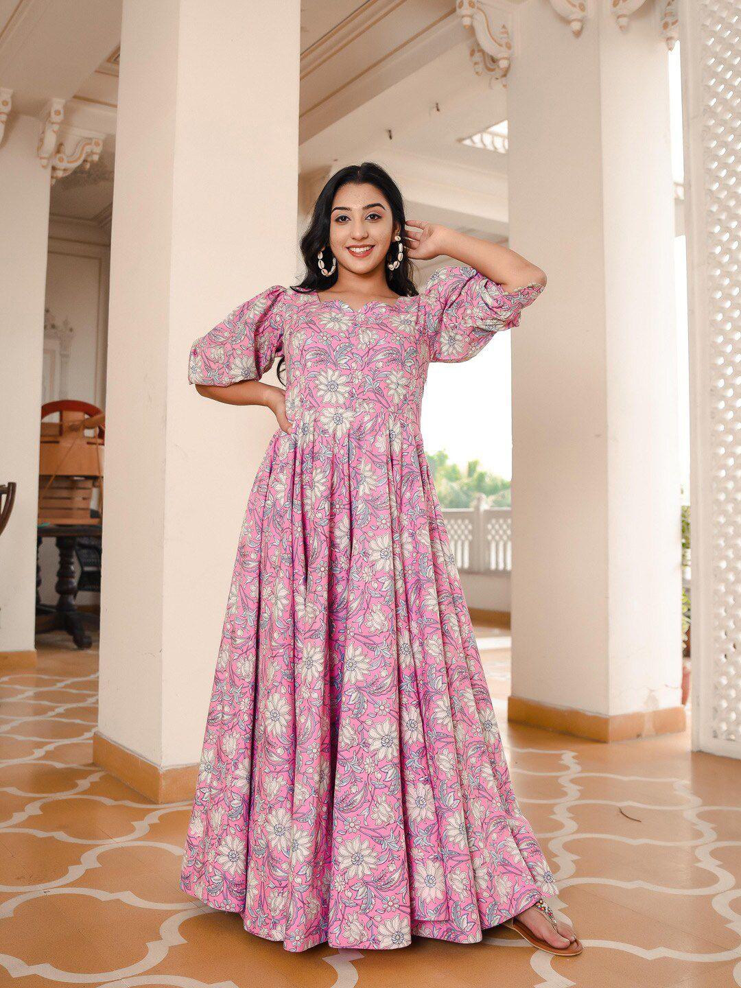 indian virasat women pink floral maxi cotton dress