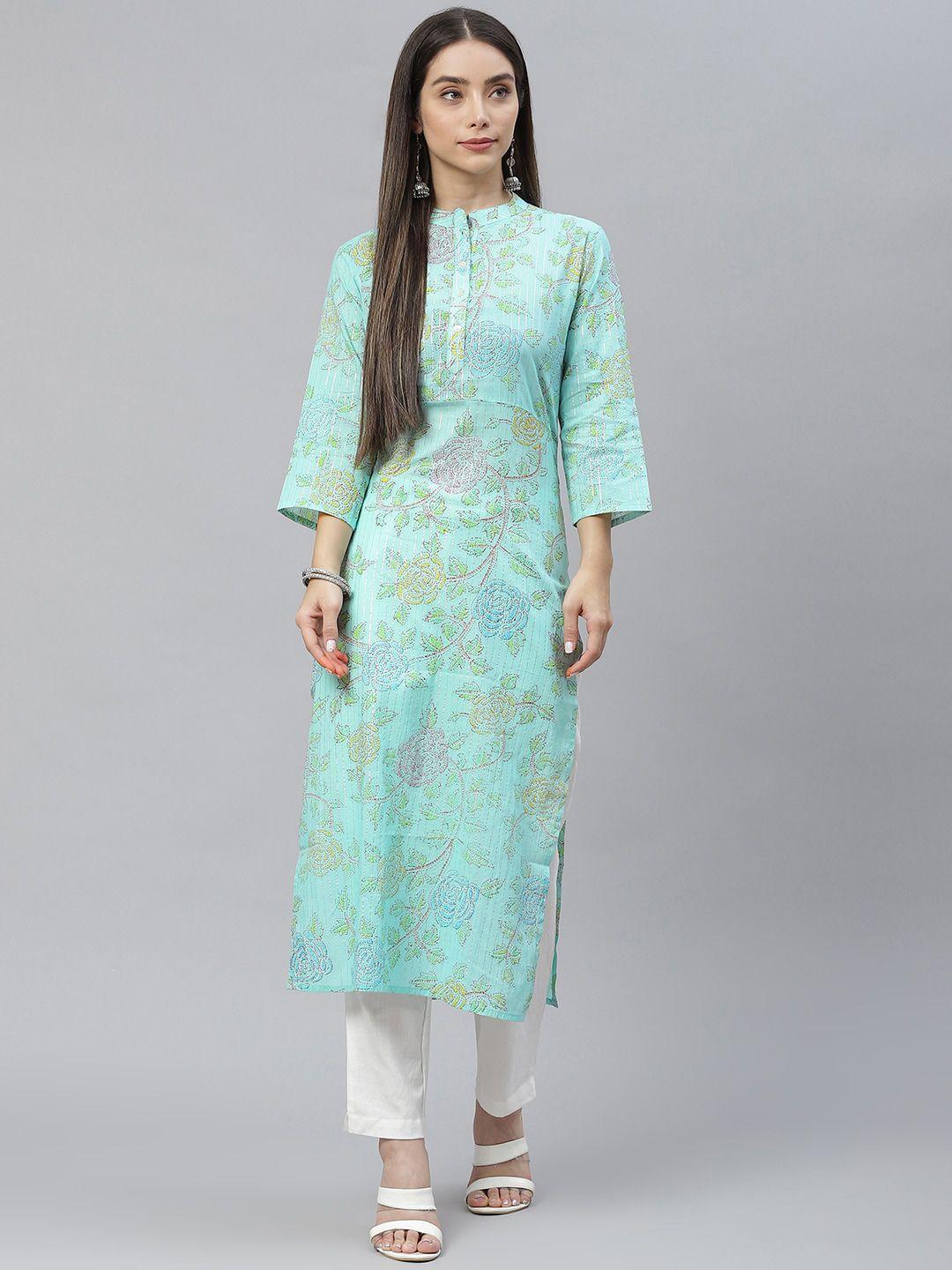 indibelle women sea green floral printed cotton kurta