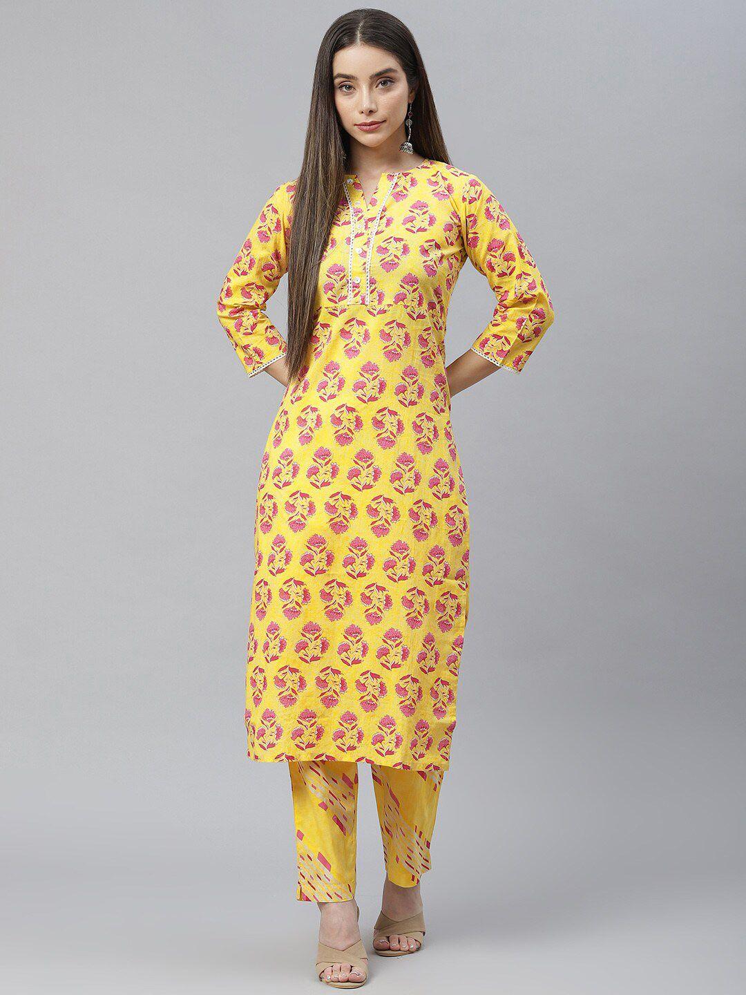 indibelle women yellow & pink cotton floral printed kurta