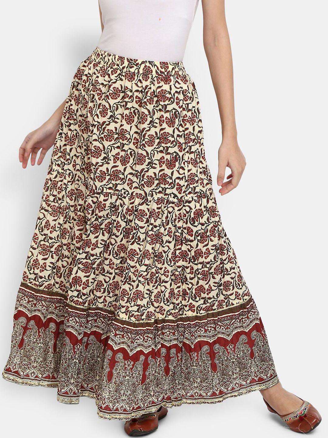 v-mart women beige & maroon ethnic floral printed pure cotton flared skirt