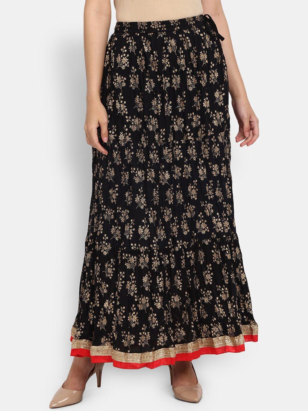 v-mart women black & gold toned ethnic floral printed flared long skirt