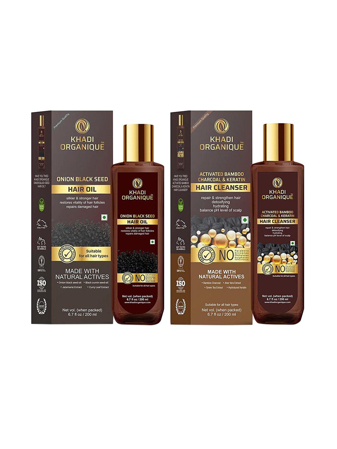 khadi organique pack of 2 charcoal keratin shampoo & onion black seed hair oil 400 ml