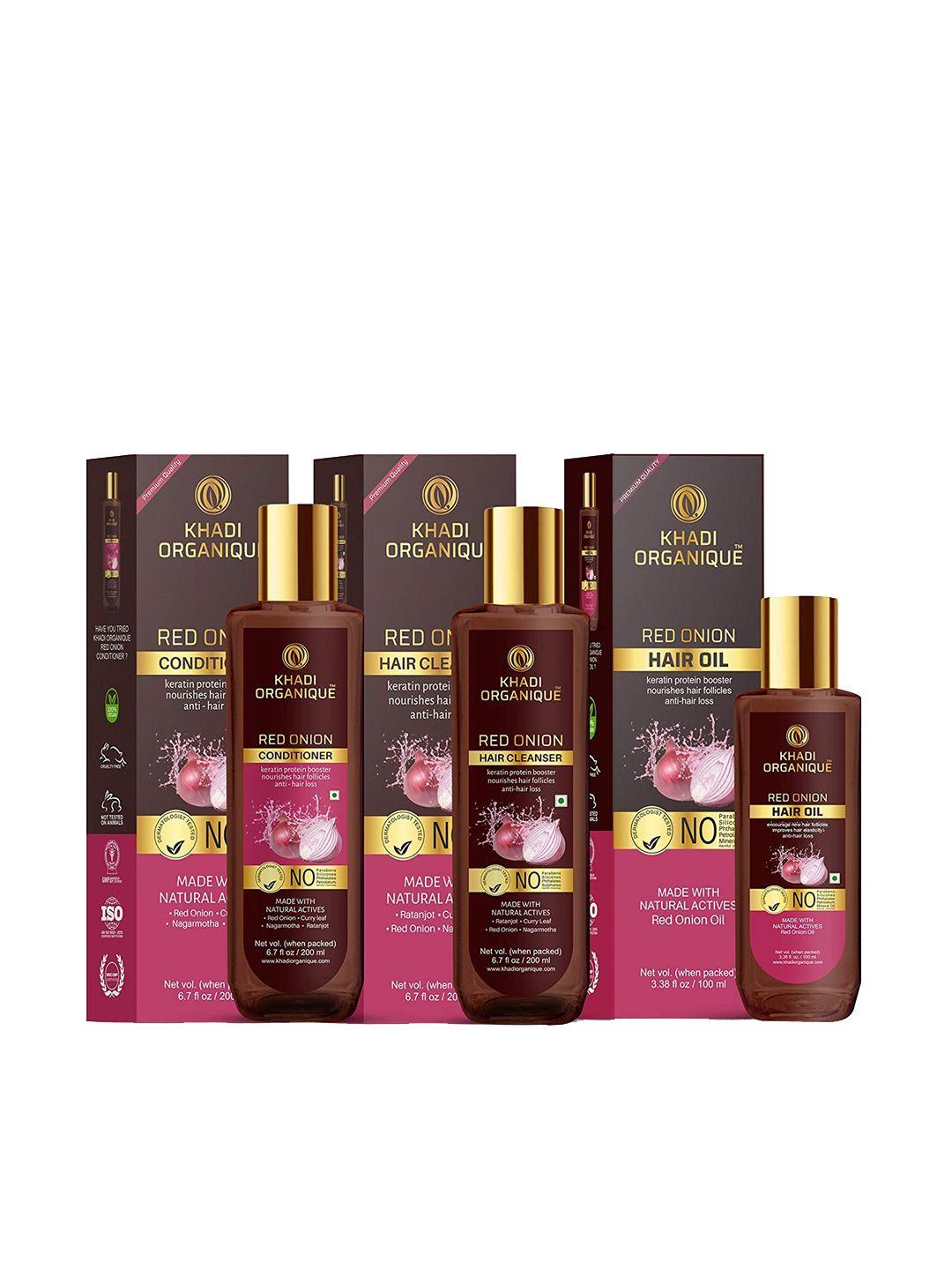 khadi organique pack of 3 red onion hair shampoo, hair conditioner & hair oil 500 ml