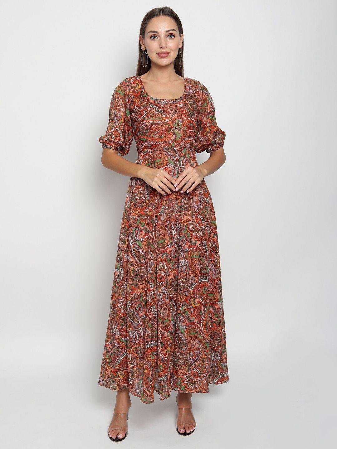 isam brown ethnic motifs printed chiffon maxi dress