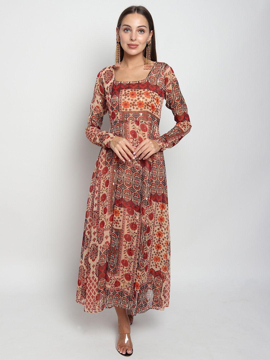 isam brown ethnic motifs printed chiffon maxi dress