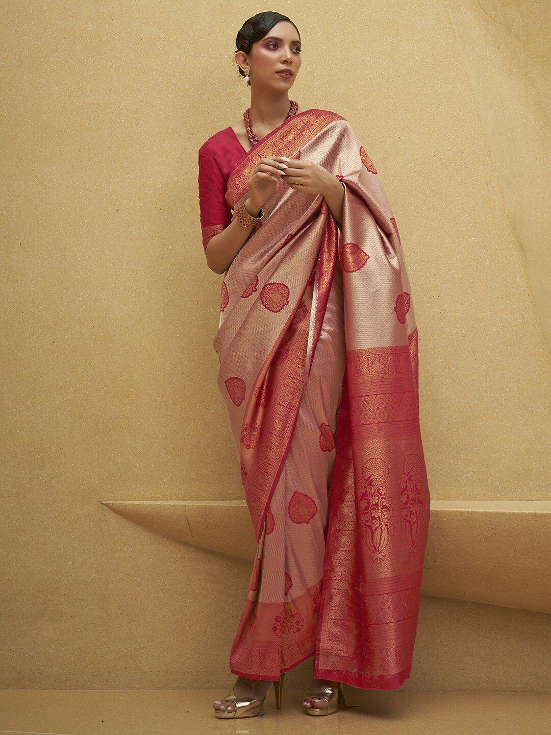 mitera pink & gold-toned ethnic motifs zari banarasi saree