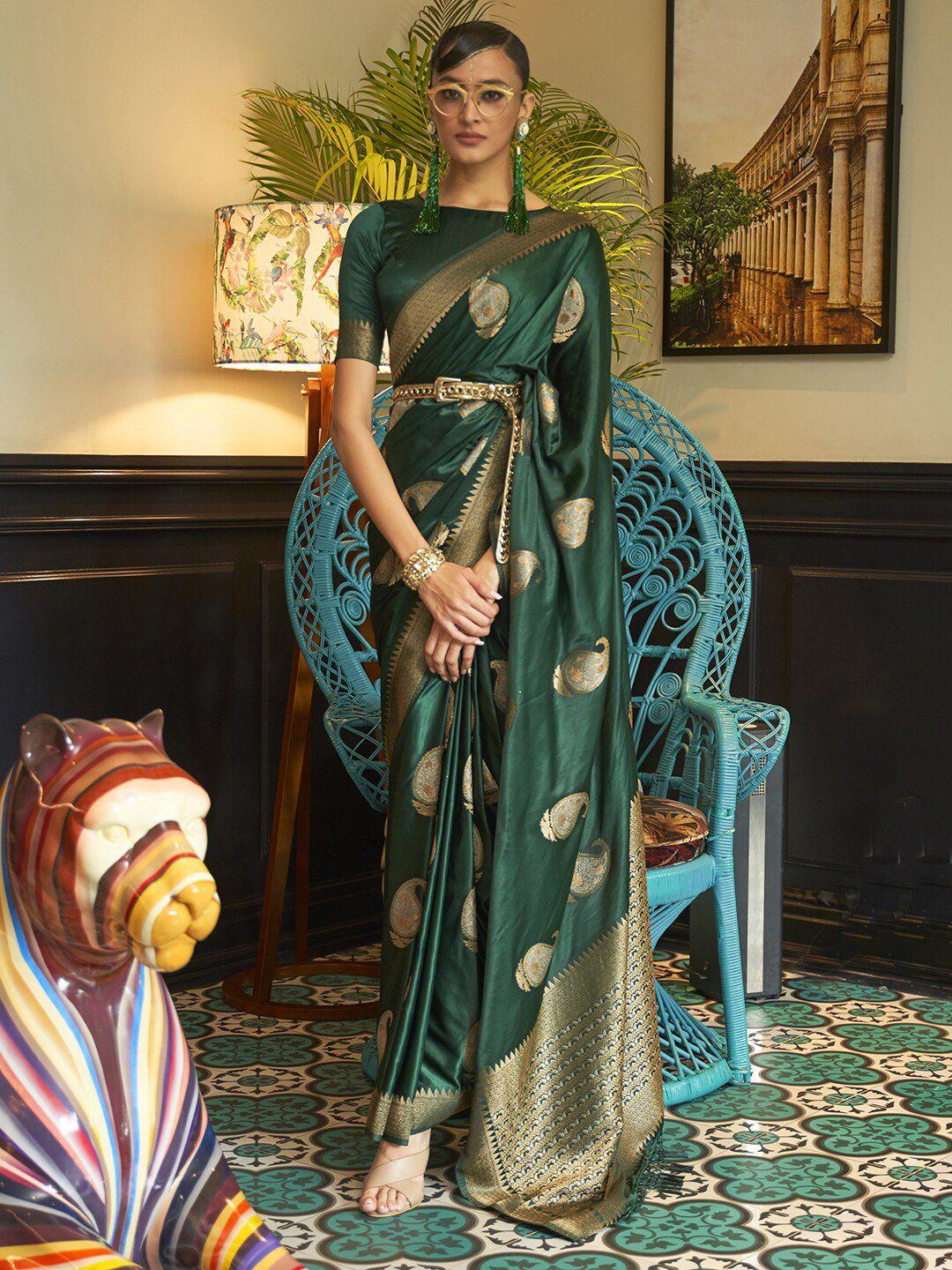 mitera green & gold-toned woven design zari silk blend bagru saree