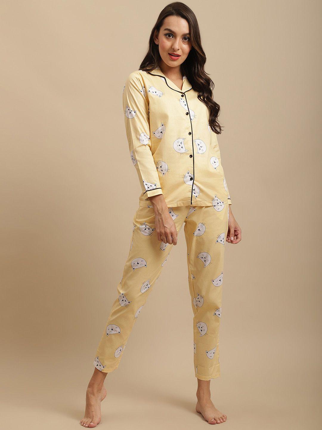 claura women yellow & white printed pure cotton nightsuit