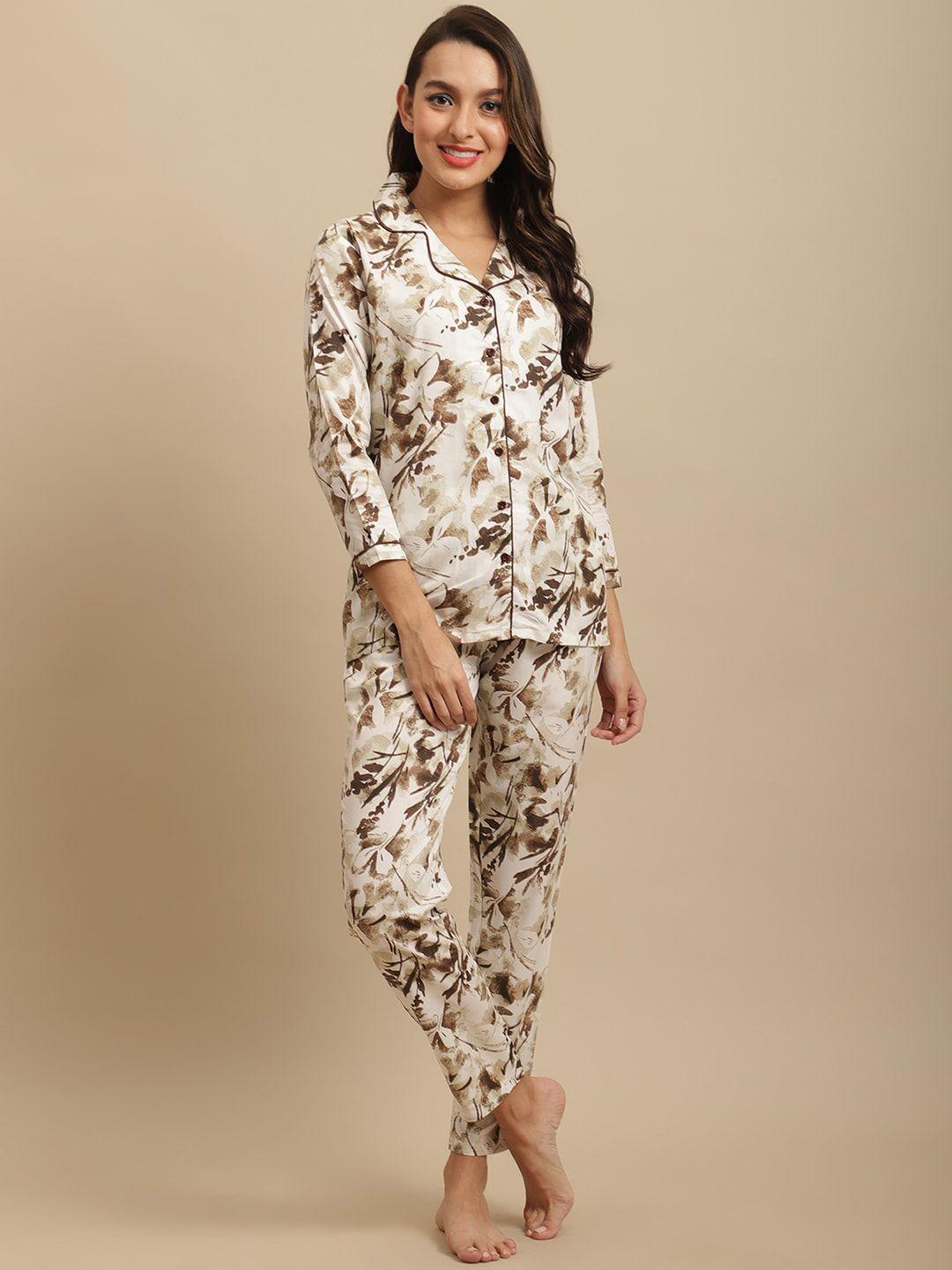 claura women white & brown printed nightsuit