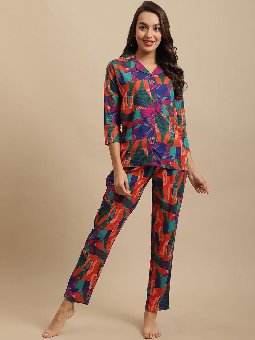 claura women orange & green printed nightsuit