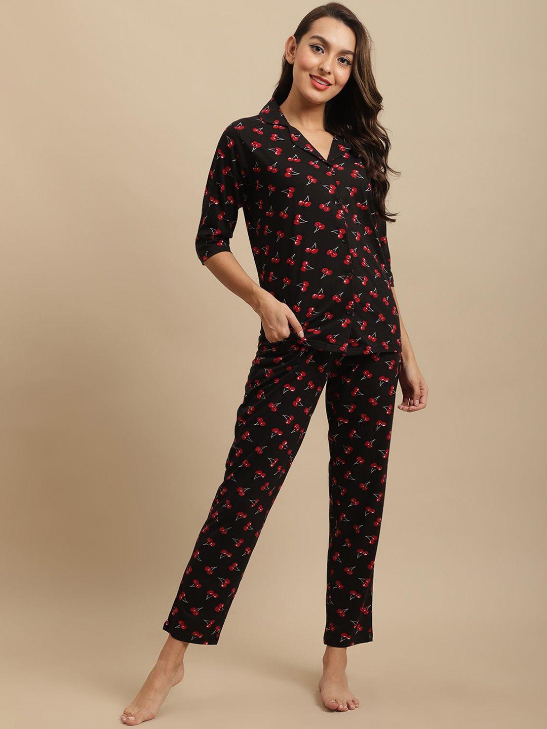 claura women black & red printed pure cotton nightsuit