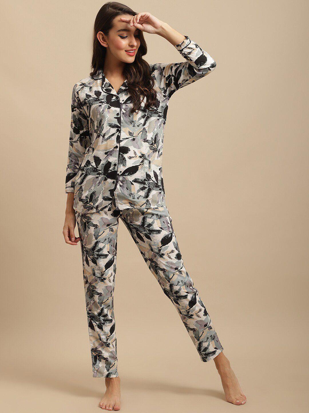 claura women black & grey printed nightsuit