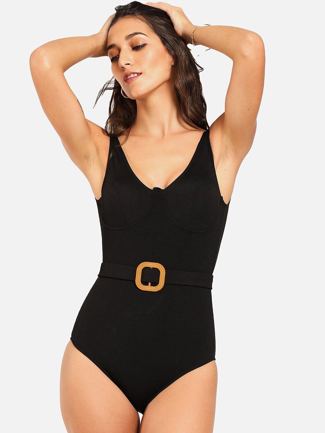 haute sauce by  campus sutra women black solid swimsuit