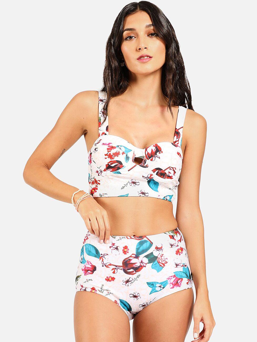 haute sauce by  campus sutra women white & pink printed swimwear