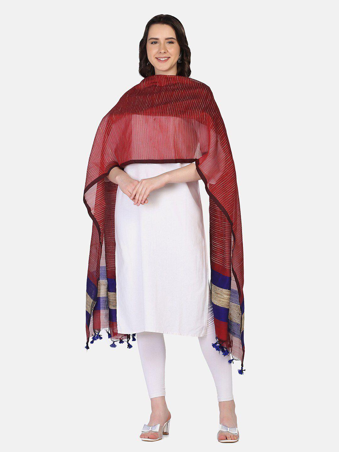 the weave traveller maroon & purple striped dupatta with tasselled border