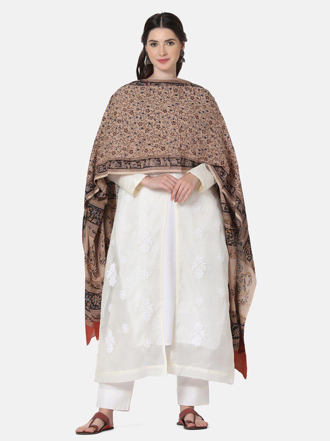 the weave traveller beige & red printed pure cotton kalamkari dupatta