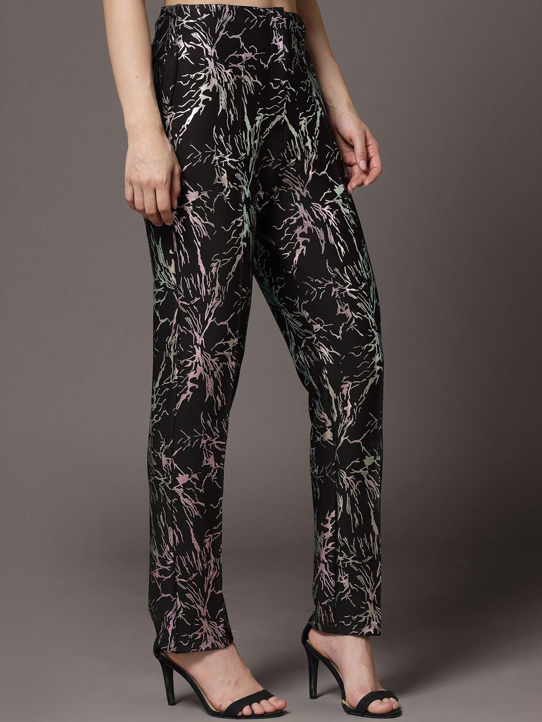 kassually women black printed trousers