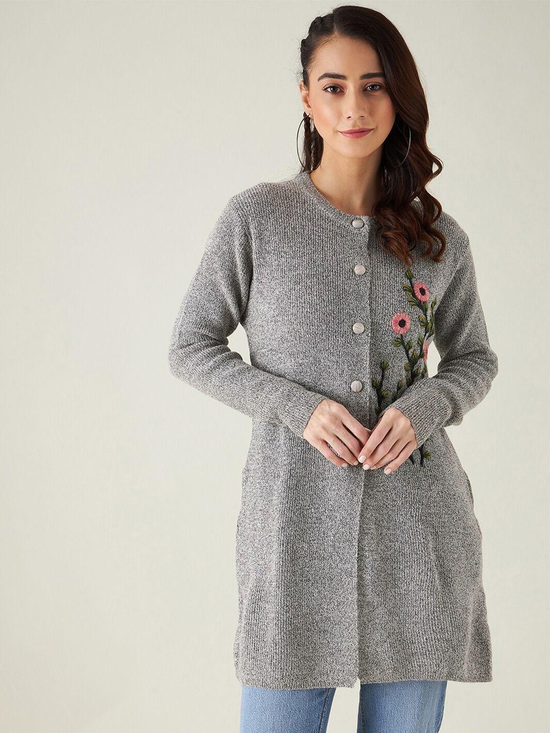 modeve women grey floral longline with embroidered detail acrylic sweater